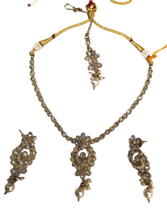 Clear / Neutral - Small Size Antique Gold Finish Necklace Set with Earrings - SLV45 Ap 0424 - Prachy Creations