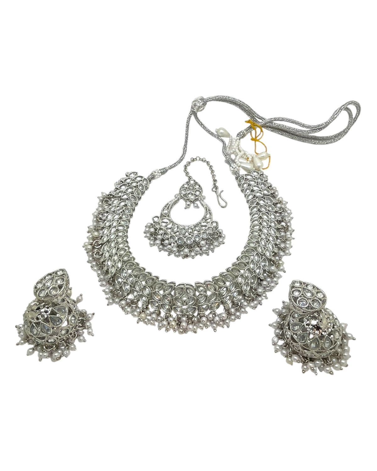 Clear / Pearl - Large Size Silver Finish Necklace Set with Earrings & Tika (Head Piece) - UK Stock - GGA17 08KK25 - Prachy Creations