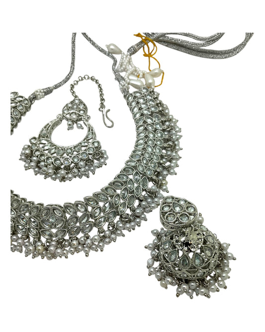 Clear / Pearl - Large Size Silver Finish Necklace Set with Earrings & Tika (Head Piece) - UK Stock - GGA17 08KK25 - Prachy Creations
