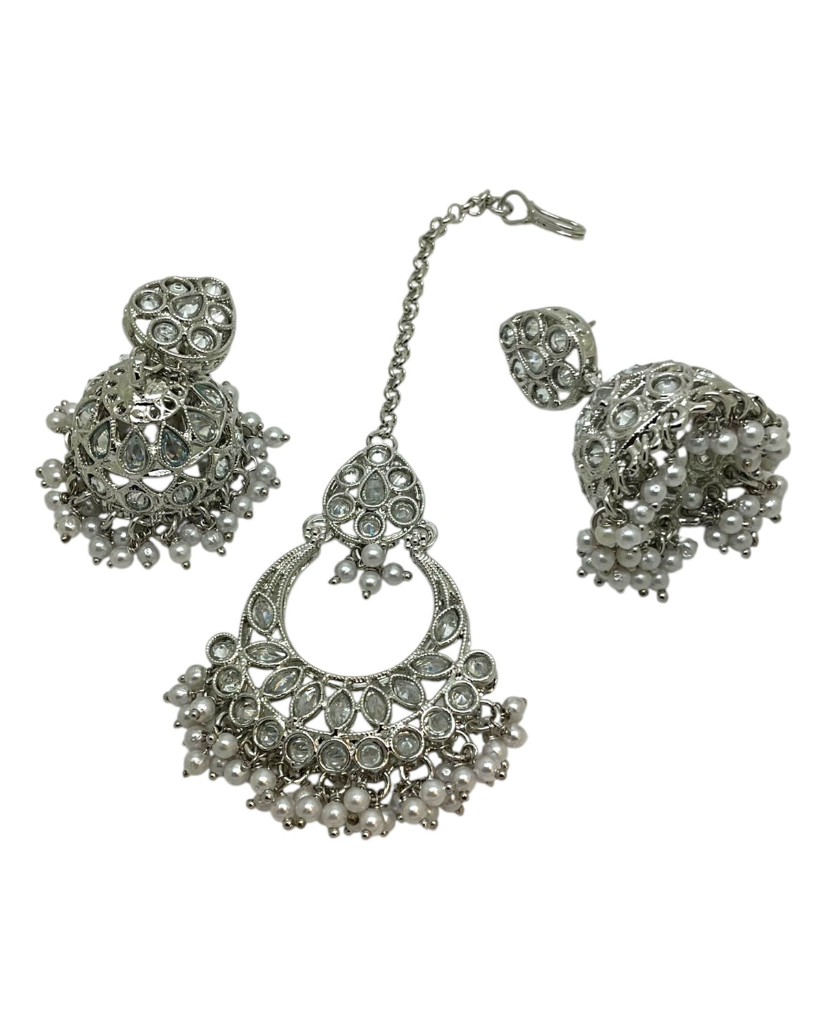 Clear / Pearl - Large Size Silver Finish Necklace Set with Earrings & Tika (Head Piece) - UK Stock - GGA17 08KK25 - Prachy Creations