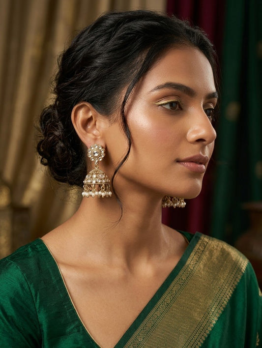 Clear - Petite Floral Kundan & Pearl Jhumka Earrings - Bollywood - Weddings - 15JE72 09P26 - Prachy Creations
