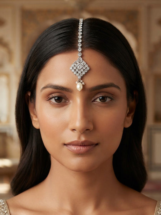 Clear - Silver Finish Medium Size Tika Head Piece - Indian Ladies Fashion Jewellery - AE2441 11Vp24 - Prachy Creations
