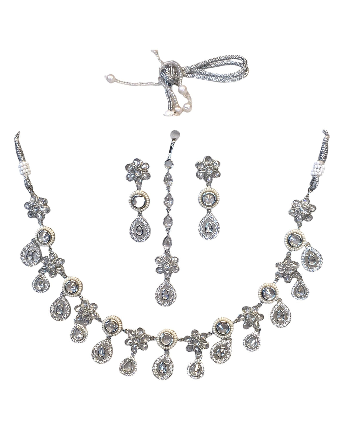 Clear - Silver Finish Necklace & Earrings Set - Bollywood - Weddings - KAJ1038 11KV24 - Prachy Creations