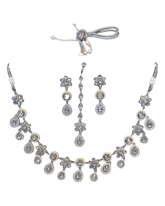 Clear - Silver Finish Necklace & Earrings Set - Bollywood - Weddings - KAJ1038 11KV24 - Prachy Creations