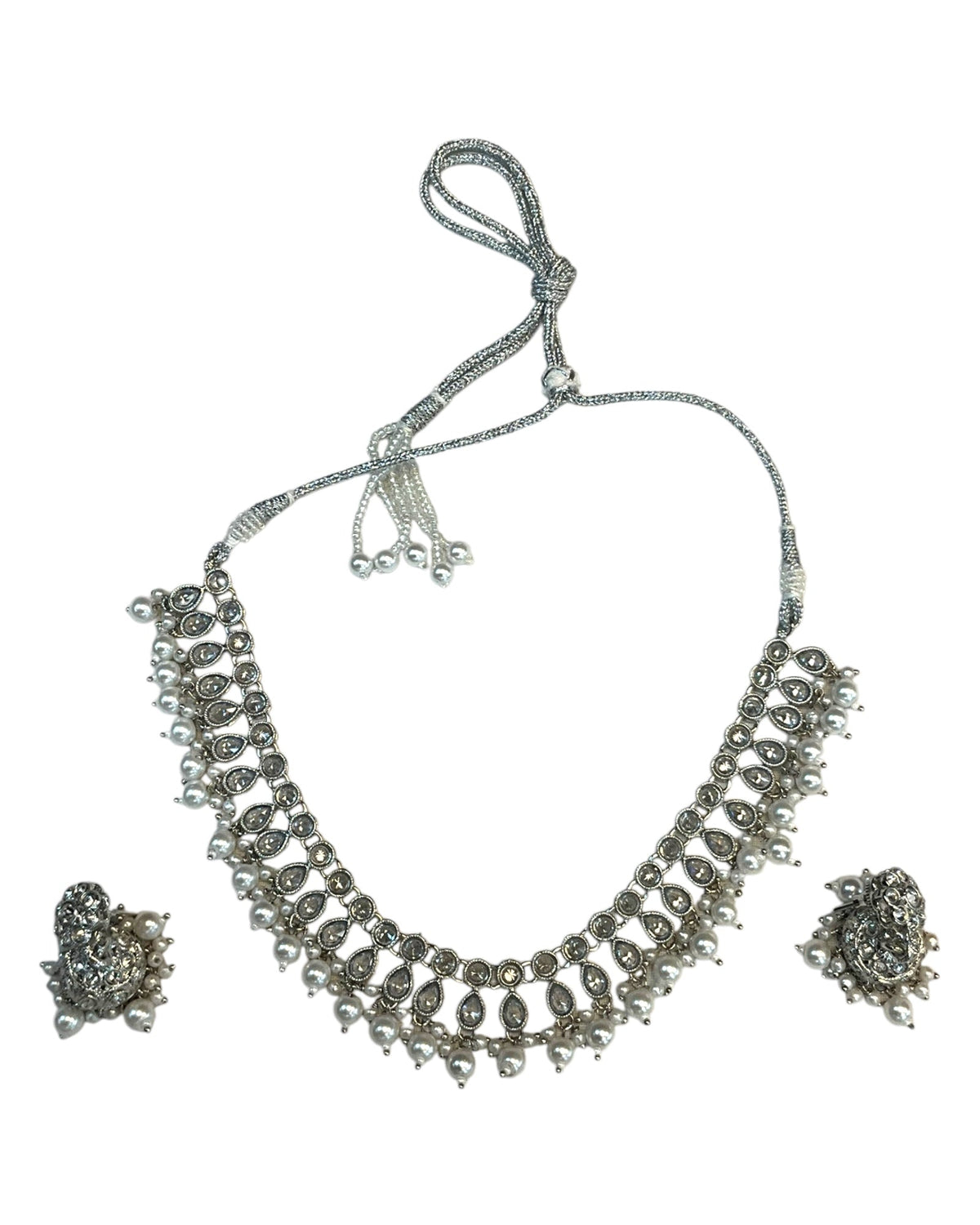 Clear / Silver - Medium Size Silver Finish Necklace Set with Earrings - RAK381 Rp - Prachy Creations