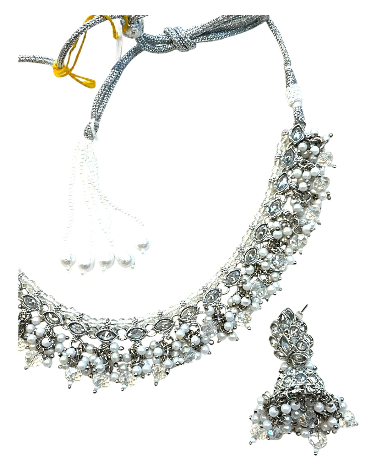 Clear / Silver - Medium Size Silver Finish Necklace Set with Earrings - RAK415 08A25 - Prachy Creations