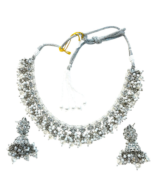 Clear / Silver - Medium Size Silver Finish Necklace Set with Earrings - RAK415 08A25 - Prachy Creations