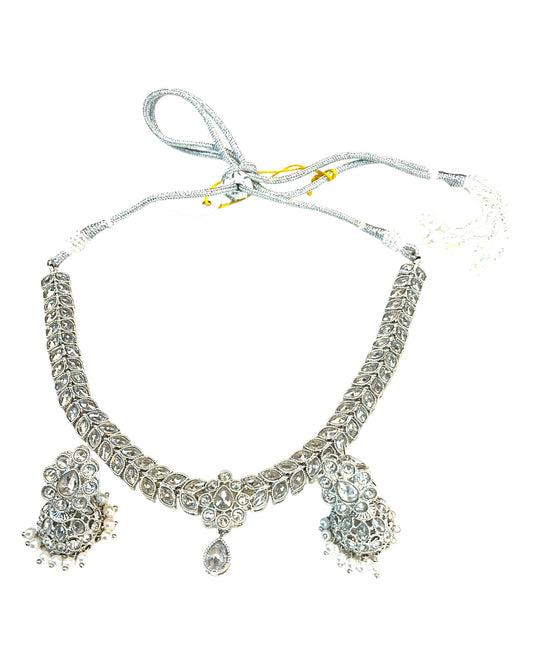 Clear / Silver - Small Size Silver Finish Necklace Set with Earrings - SJ05 08C25 - Prachy Creations