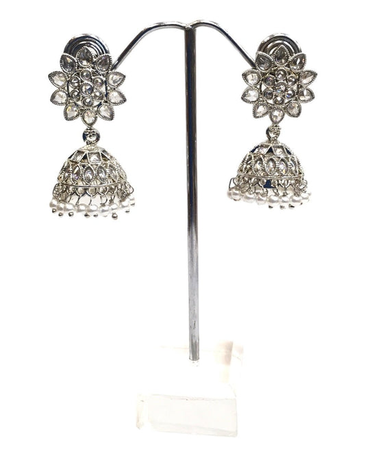 Clear - Small Silver Finish Traditional Zhumki Earrings - Bollywood - Weddings - OMJ2124 J 1023 - Prachy Creations