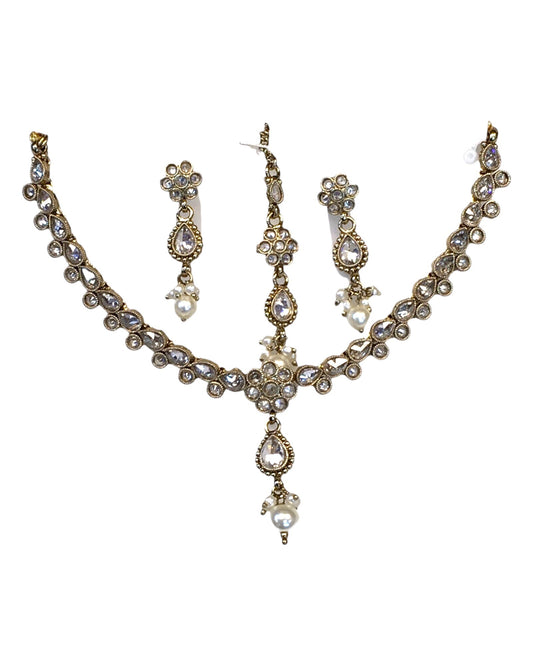Clear - Small Size Antique Gold Finish Necklace Set with Earrings & Head Piece /Tika- SLV78 11Ap24 - Prachy Creations