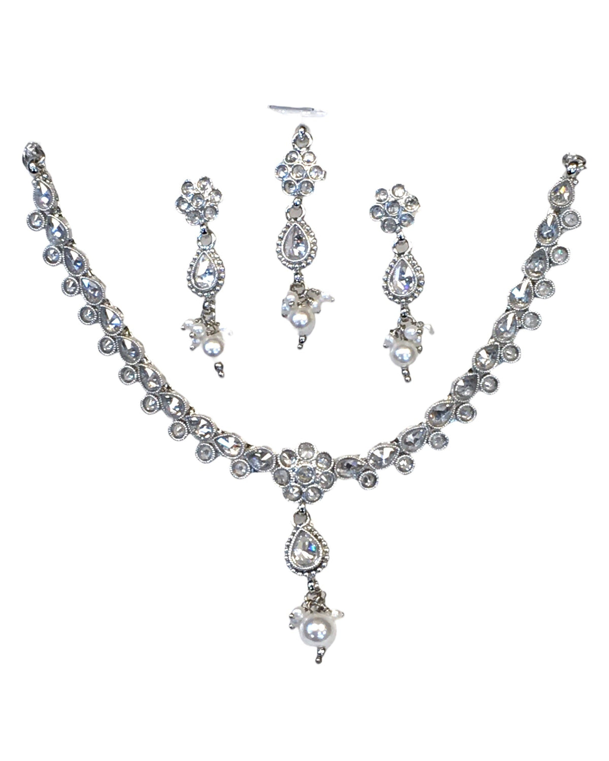 Clear - Small Size Silver Finish Necklace Set with Earrings & Head Piece /Tika- SLV78 11Ap24 - Prachy Creations
