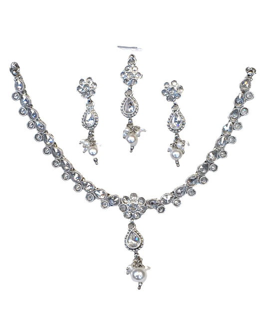 Clear - Small Size Silver Finish Necklace Set with Earrings & Head Piece /Tika- SLV78 11Ap24 - Prachy Creations