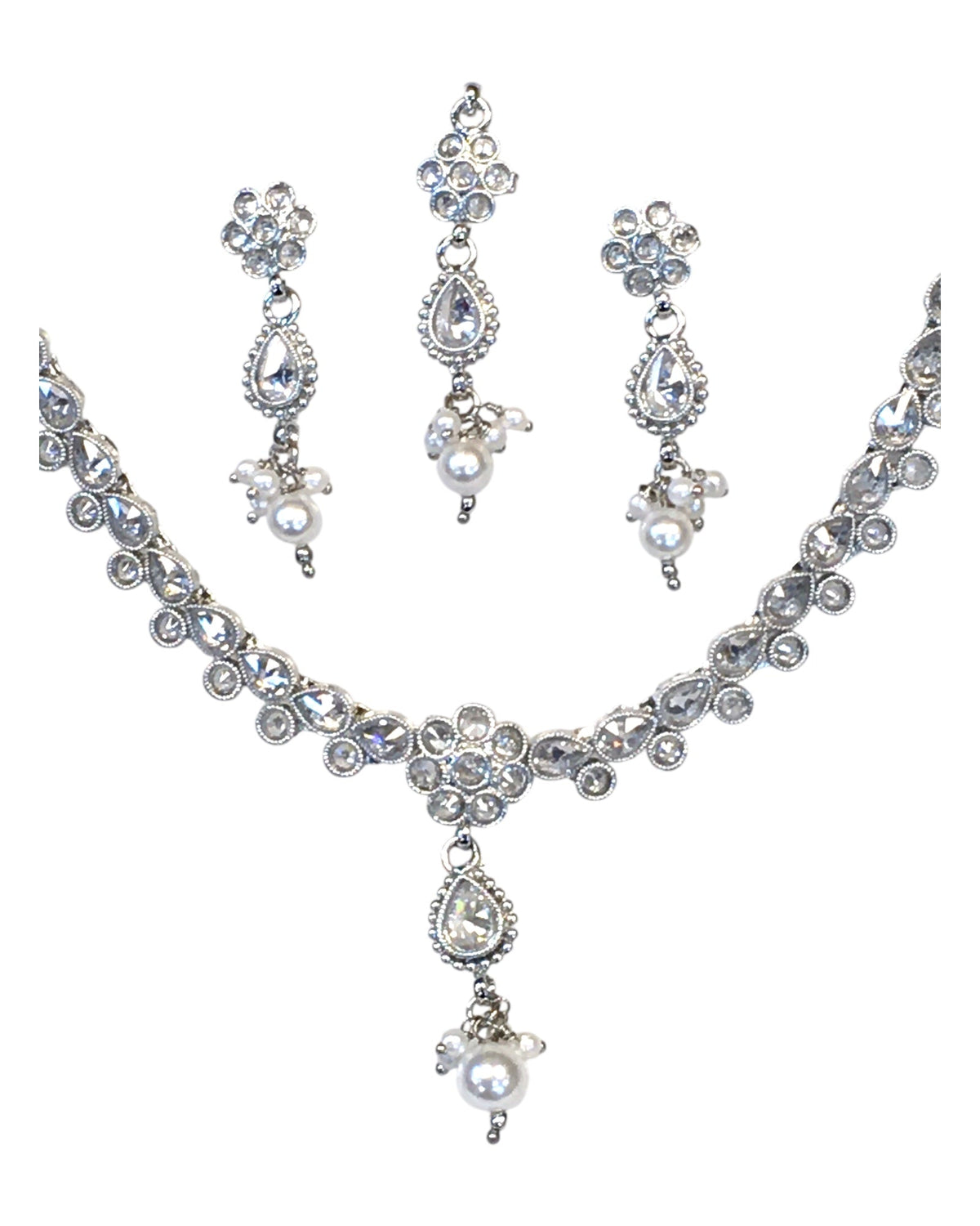 Clear - Small Size Silver Finish Necklace Set with Earrings & Head Piece /Tika- SLV78 11Ap24 - Prachy Creations