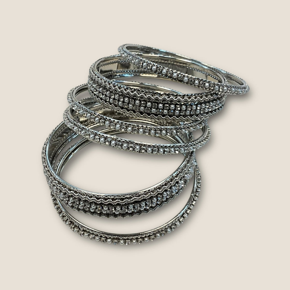 Clear Stone and Pearl - Silver Finish Bangles Set (Set of 6) - UK stock - SM, M, L, XL JAN1853 09Vp25 - Prachy Creations