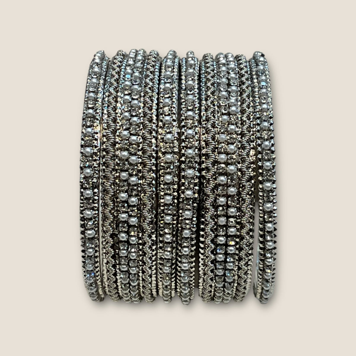 Clear Stone and Pearl - Silver Finish Bangles Set (Set of 6) - UK stock - SM, M, L, XL JAN1853 09Vp25 - Prachy Creations