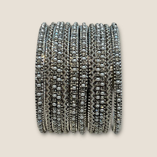 Clear Stone and Pearl - Silver Finish Bangles Set (Set of 6) - UK stock - SM, M, L, XL JAN1853 09Vp25 - Prachy Creations