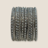 Clear Stone and Pearl - Silver Finish Bangles Set (Set of 6) - UK stock - SM, M, L, XL JAN1853 09Vp25 - Prachy Creations