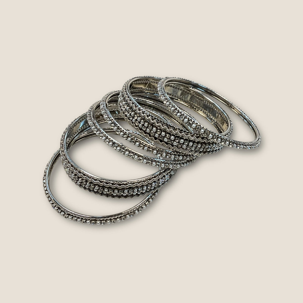 Clear Stone and Pearl - Silver Finish Bangles Set (Set of 6) - UK stock - SM, M, L, XL JAN1853 09Vp25 - Prachy Creations
