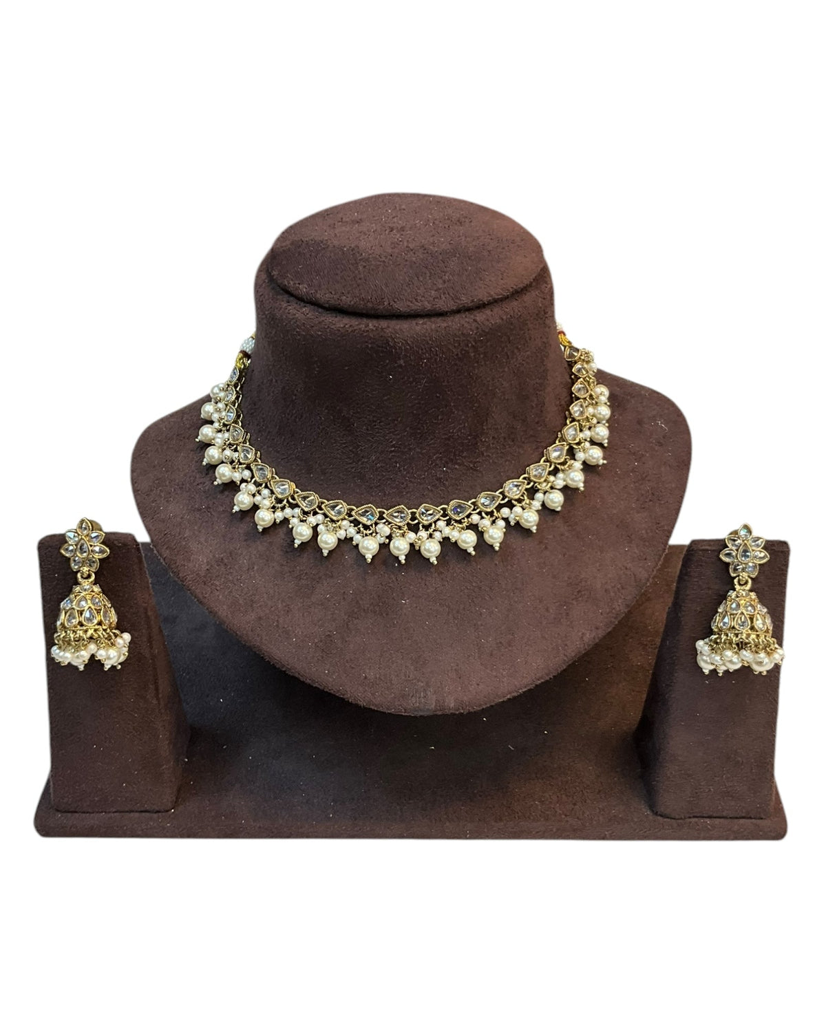 Clear White - Medium Size Antique Gold Finish Necklace Set with Earrings - RAK375 Pp - Prachy Creations