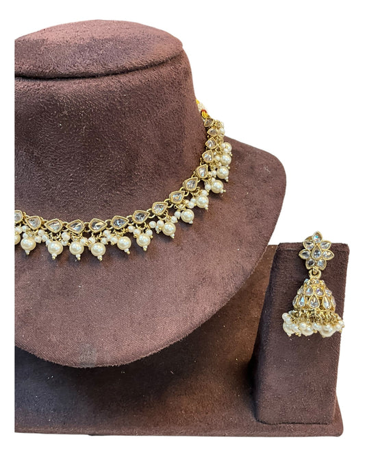 Clear White - Medium Size Antique Gold Finish Necklace Set with Earrings - RAK375 Pp - Prachy Creations