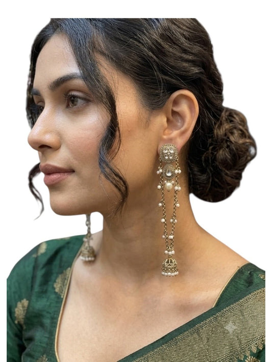 Clear / White / Pearl - Medium - Antique Gold Finish Traditional Earrings - Bollywood - Weddings - 15JE62 07R26 - Prachy Creations