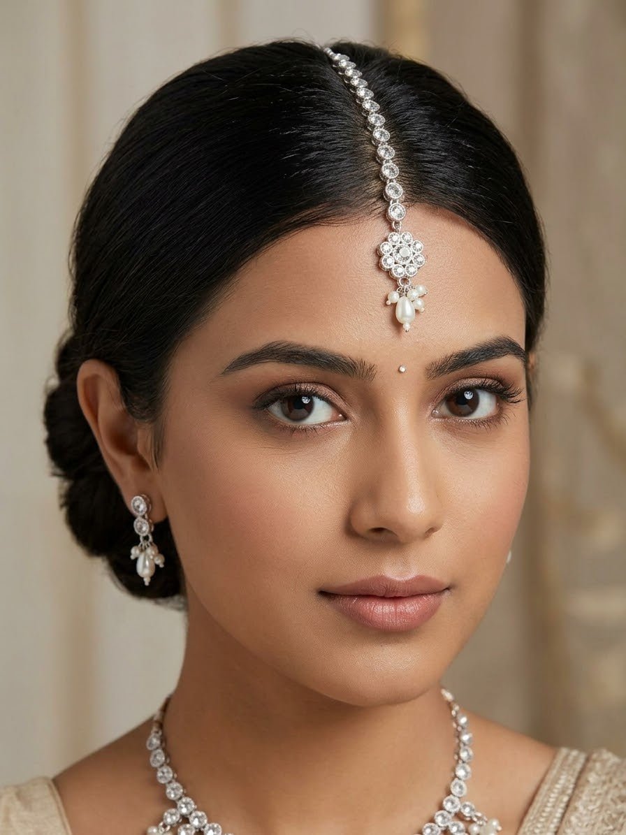 Clear / White - Silver Finish Small Size Tika Head Piece - Indian Ladies Fashion Jewellery - AE2436 11Vp24 - Prachy Creations