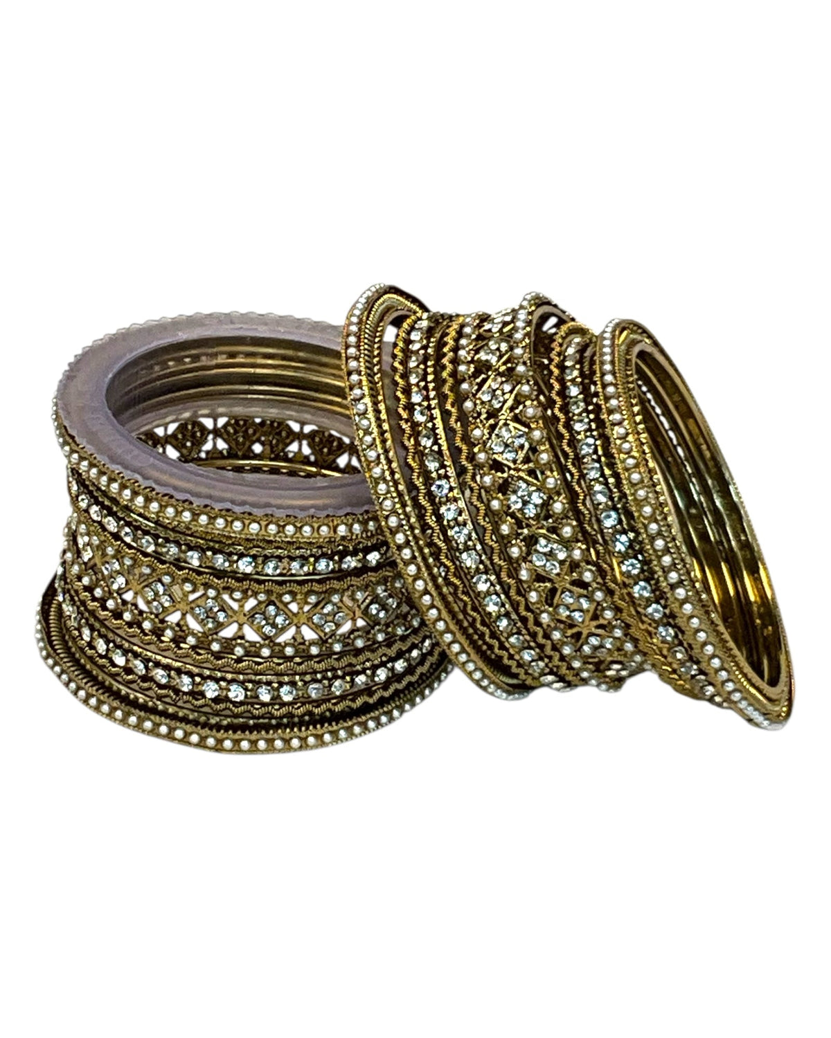 Clear White Stone and Pearl - Antique Gold Finish Bangles Set (Set of 18) - UK stock - SM, M, L, XL JAN2611 05P25 - Prachy Creations