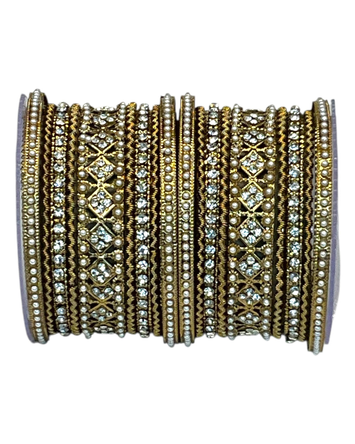 Clear White Stone and Pearl - Antique Gold Finish Bangles Set (Set of 18) - UK stock - SM, M, L, XL JAN2611 05P25 - Prachy Creations