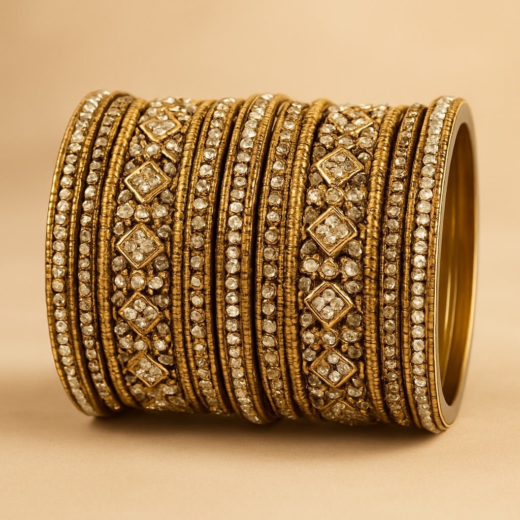 Clear White Stone and Pearl - Antique Gold Finish Bangles Set (Set of 18) - UK stock - SM, M, L, XL JAN2611 05P25 - Prachy Creations