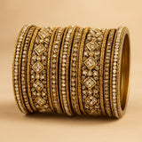Clear White Stone and Pearl - Antique Gold Finish Bangles Set (Set of 18) - UK stock - SM, M, L, XL JAN2611 05P25 - Prachy Creations