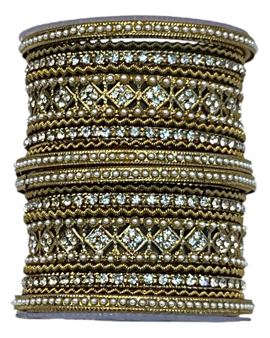 Clear White Stone and Pearl - Antique Gold Finish Bangles Set (Set of 18) - UK stock - SM, M, L, XL JAN2611 05P25 - Prachy Creations