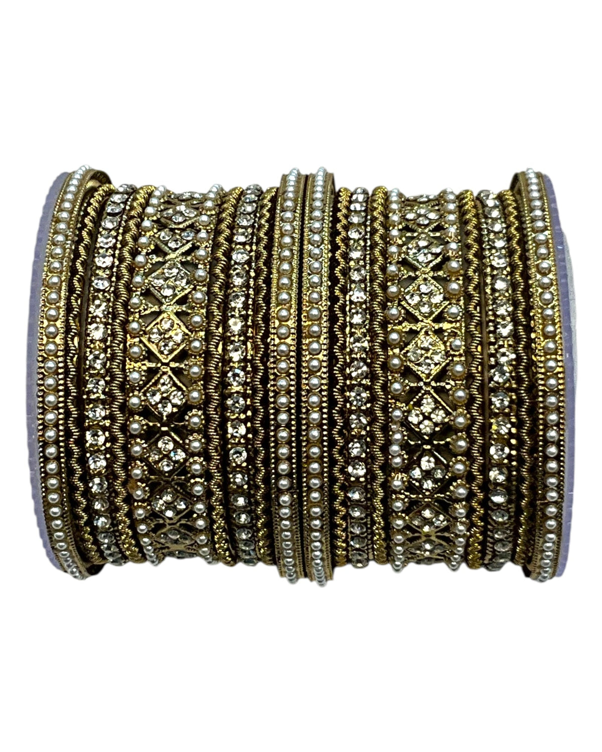 Clear White Stone and Pearl - Antique Gold Finish Bangles Set (Set of 18) - UK stock - SM, M, L, XL JAN2611 05P25 - Prachy Creations