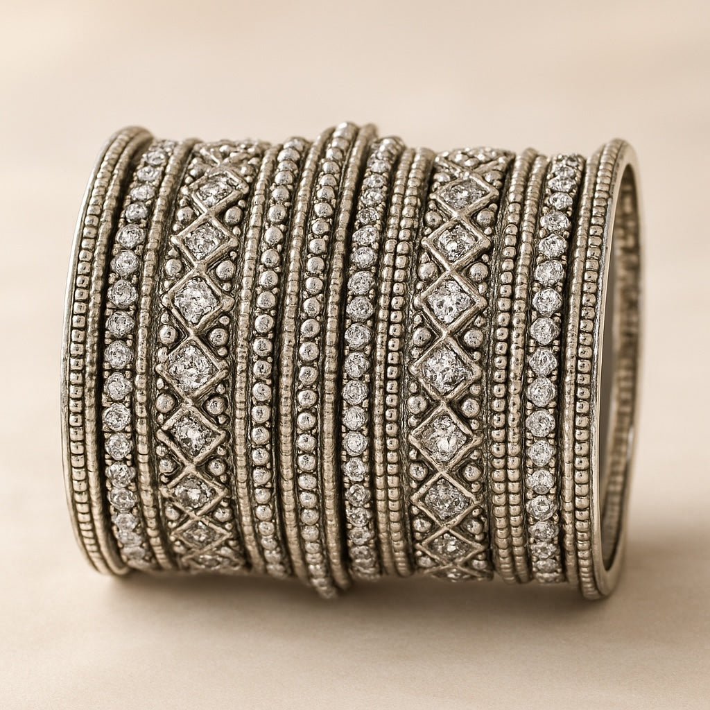 Clear White Stone and Pearl - Silver Finish Bangles Set (Set of 18) - UK stock - SM, M, L, XL JAN2611 05P25 - Prachy Creations