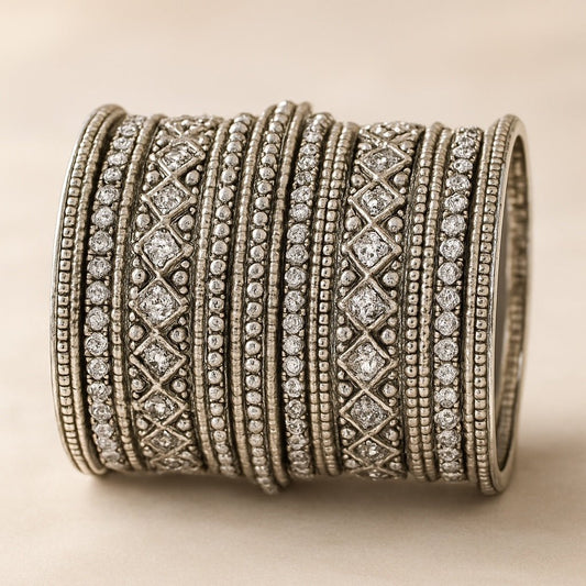 Clear White Stone and Pearl - Silver Finish Bangles Set (Set of 18) - UK stock - SM, M, L, XL JAN2611 05P25 - Prachy Creations