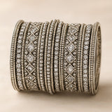 Clear White Stone and Pearl - Silver Finish Bangles Set (Set of 18) - UK stock - SM, M, L, XL JAN2611 05P25 - Prachy Creations