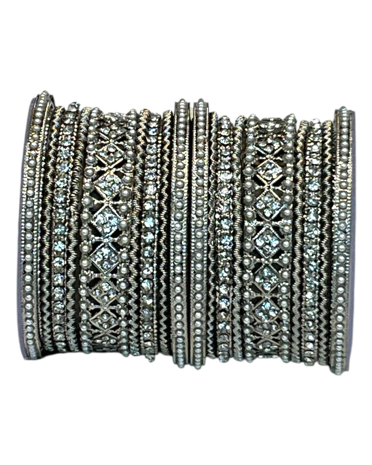 Clear White Stone and Pearl - Silver Finish Bangles Set (Set of 18) - UK stock - SM, M, L, XL JAN2611 05P25 - Prachy Creations