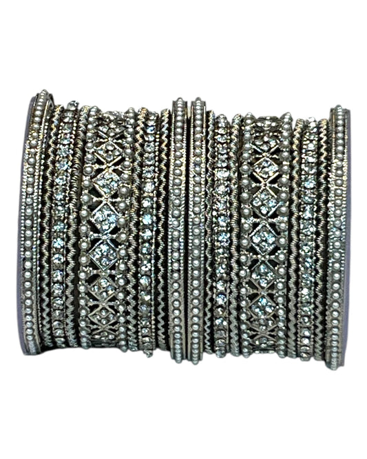 Clear White Stone and Pearl - Silver Finish Bangles Set (Set of 18) - UK stock - SM, M, L, XL JAN2611 05P25 - Prachy Creations