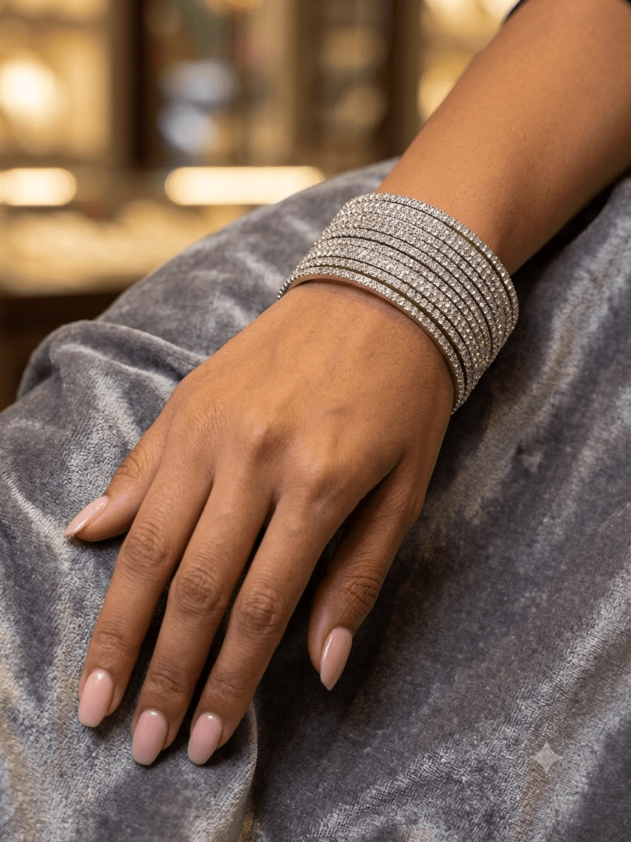 Clear / White Stones Silver Finish - Set of 8 Diamante Stone Bangles - M to XXL - HAN2602 07Ka26 - Prachy Creations