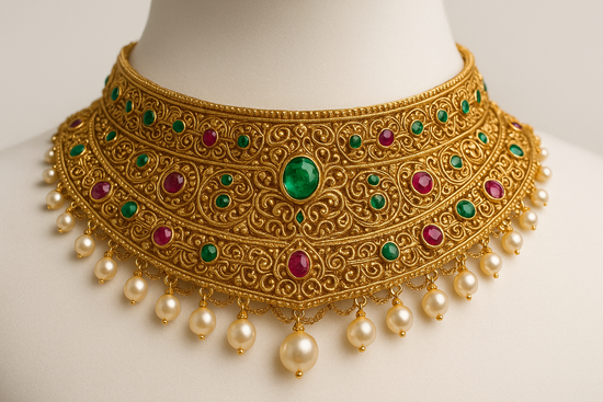 Close-up of a traditional Indian choker necklace with intricate detailing and gemstones, displayed on a mannequin, realistic photography style.