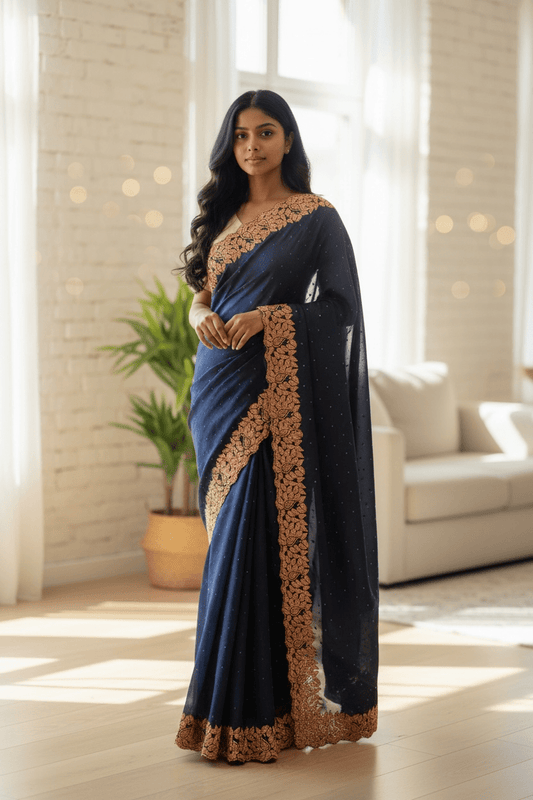 Cobalt Blue - Soft Crepe - Stone Work Saree with Blouse Piece - UK stock - 24hr Dispatch - RS2540 TV - Prachy Creations