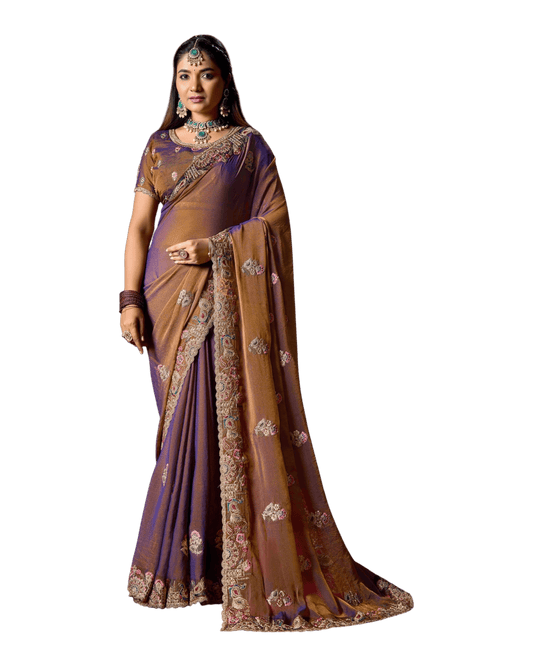 Copper Brown - Fancy Party Saree with Blouse Piece - UK stock - 24hr Dispatch - LTF903 07VV26 - Prachy Creations