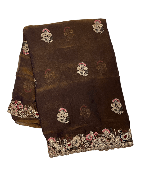 Copper Brown - Fancy Party Saree with Blouse Piece - UK stock - 24hr Dispatch - LTF903 07VV26 - Prachy Creations