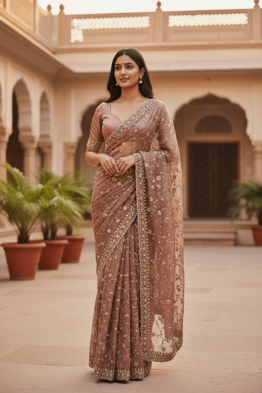 Coral Pink - Rich Bridal Saree with Allover Embroidery and Blouse Piece - UK stock - 24hr Dispatch - RS2519 JT - Prachy Creations