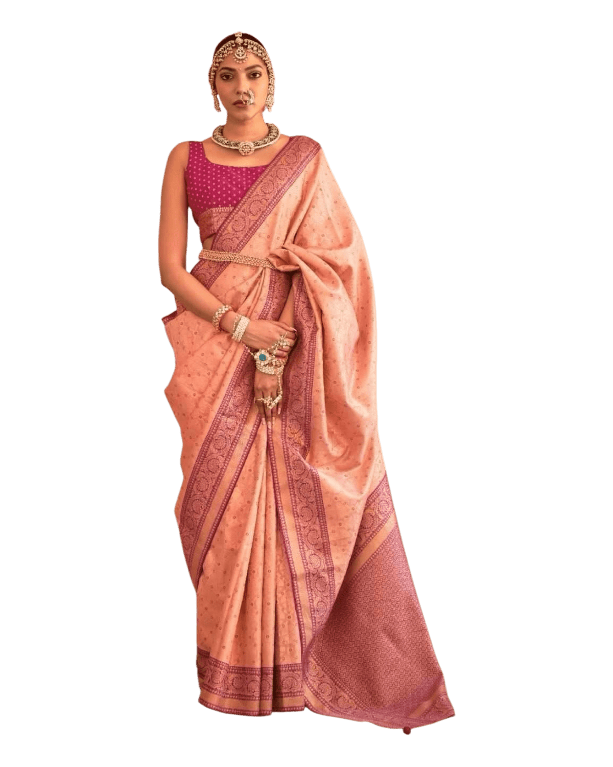 Coral / Purple - Silky Handloom Banarasi Saree with Blouse Piece - 12TY25 REW1050 - Prachy Creations