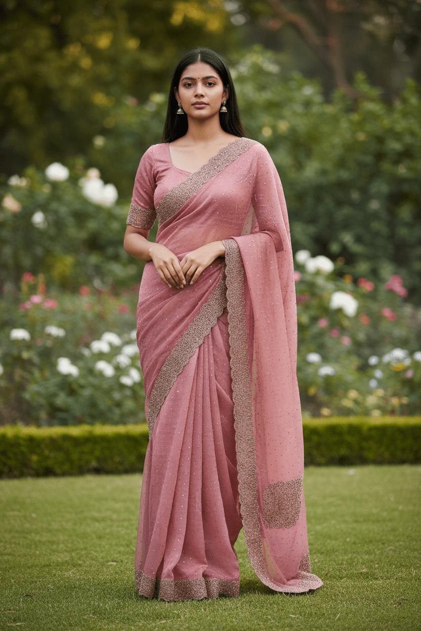 Coral - Rich Saree with Thread / Stone Embroidery and Blouse Piece - UK stock - 24hr Dispatch - RS2525 VJ - Prachy Creations
