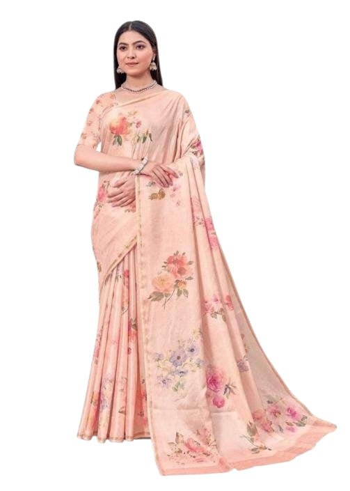 Coral - Silky Floral Printed Saree with Blouse Piece - RCH40113 10KV25 - Prachy Creations