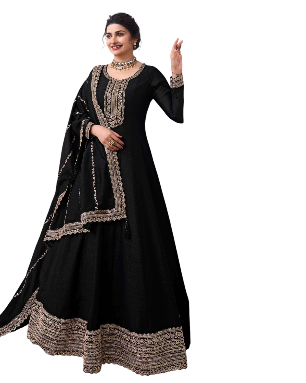 Cotton / Silky Black Anarakali Long Dress with Trousers - Size 12 (Bust 38") - Extra Margin inside - VF67743 TY 1024 - Prachy Creations