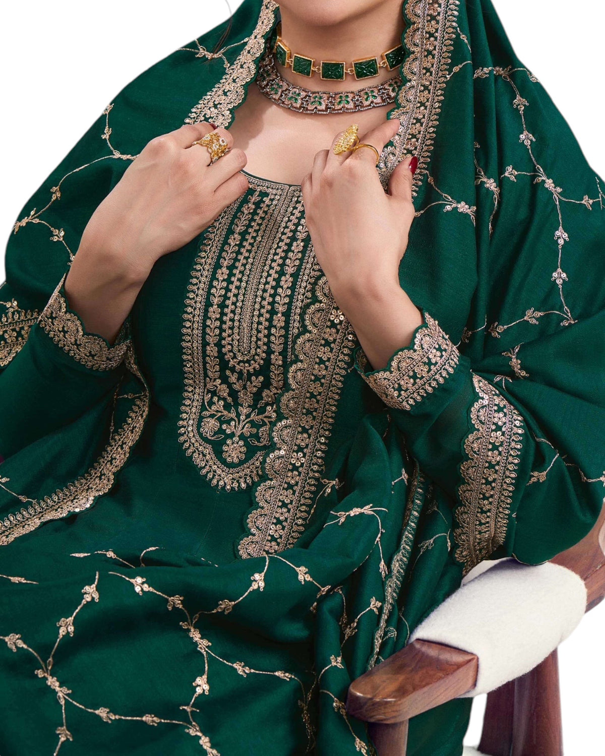 Cotton / Silky Bottle Green Anarakali Long Dress with Trousers - Size 14 (Bust 40") - Extra Margin inside - VF67745 TY 1024 - Prachy Creations