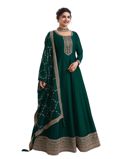 Cotton / Silky Bottle Green Anarakali Long Dress with Trousers - Size 14 (Bust 40") - Extra Margin inside - VF67745 TY 1024 - Prachy Creations