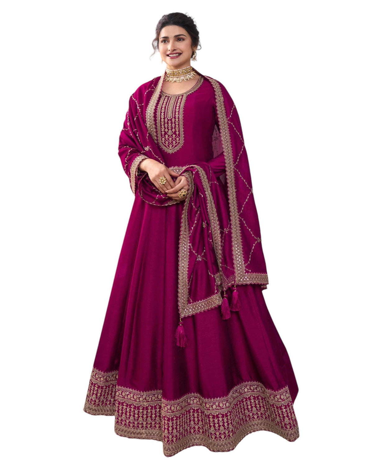 Cotton / Silky Magenta Pink Anarakali Long Dress with Trousers - Size 14 (Bust 40") - Extra Margin inside - VF67742 TY 1024 - Prachy Creations